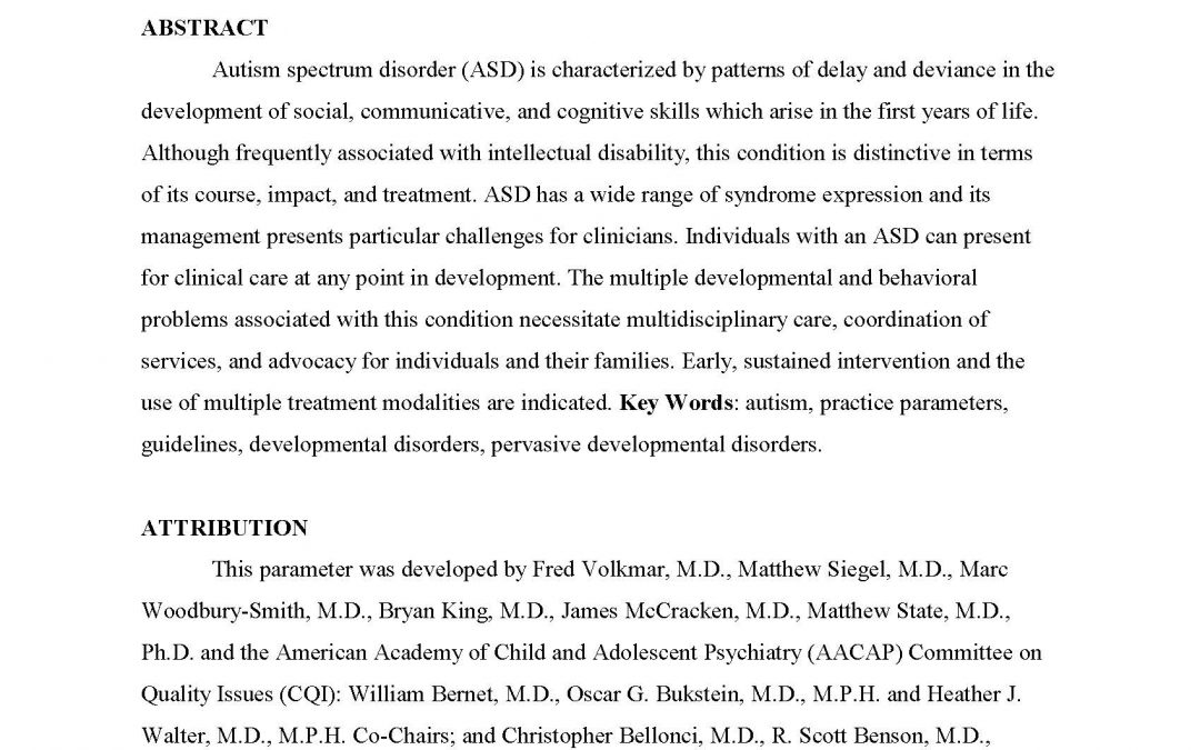 Practice Parameter for The Assessment and Treatment of Children and Adolescents with Autism Spectrum Disorder